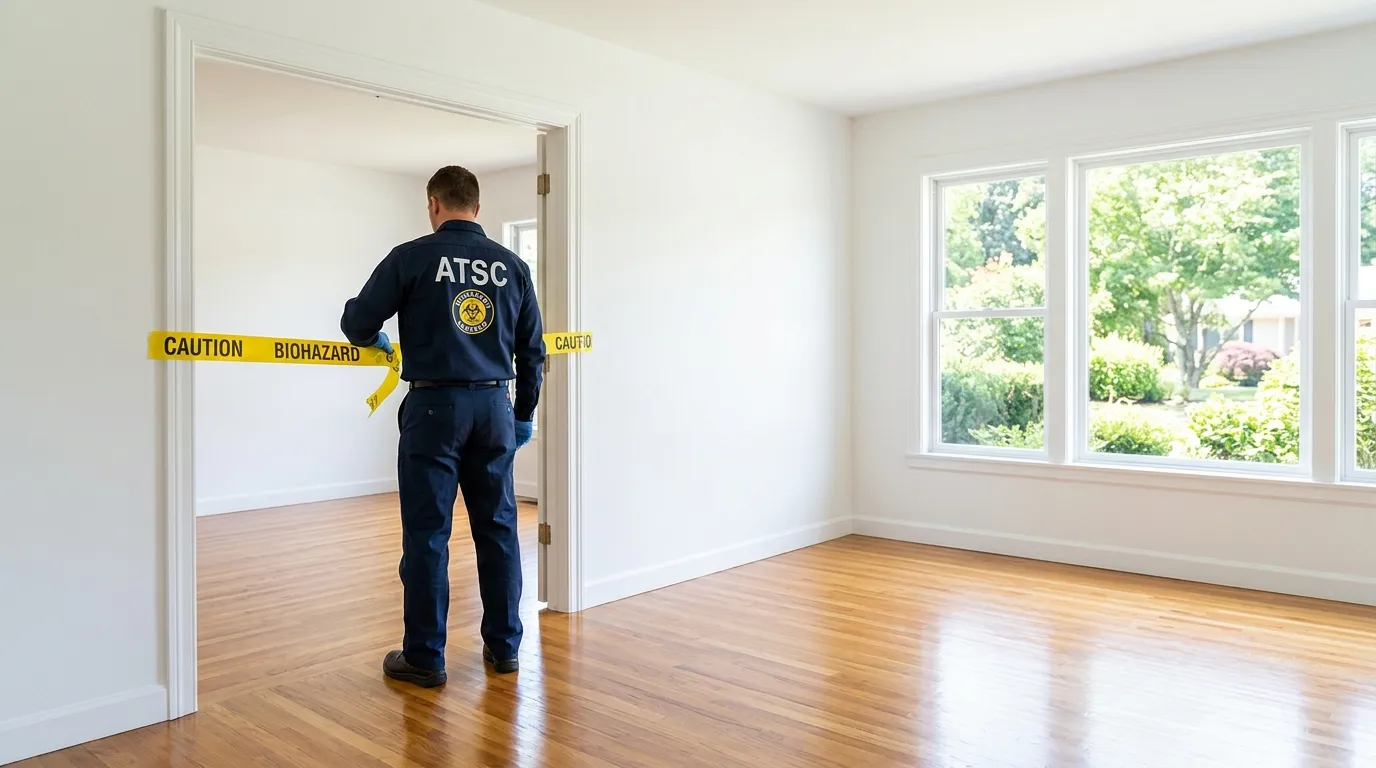Certified biohazard cleanup crew performing Trauma Scene Cleanup in Buckner